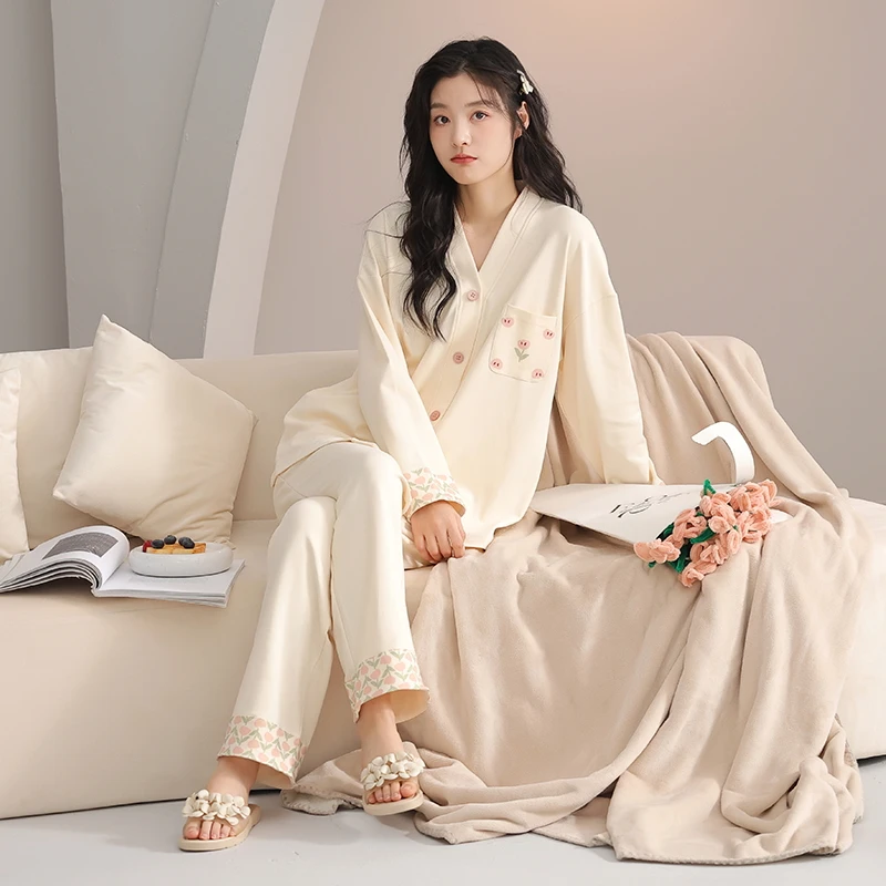 康妮雅100%纯棉春秋款宽松开衫纯棉家居服保暖套装长袖睡衣女套装