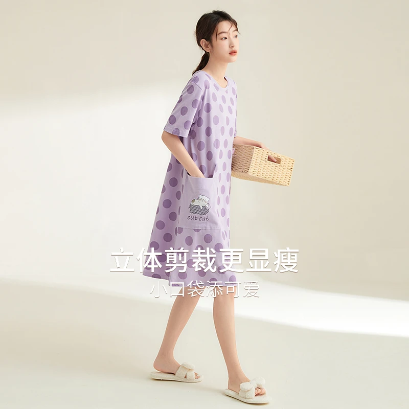 康妮雅【活力波点】睡裙女夏季立体纯棉薄款超宽松大码孕产妇可外穿