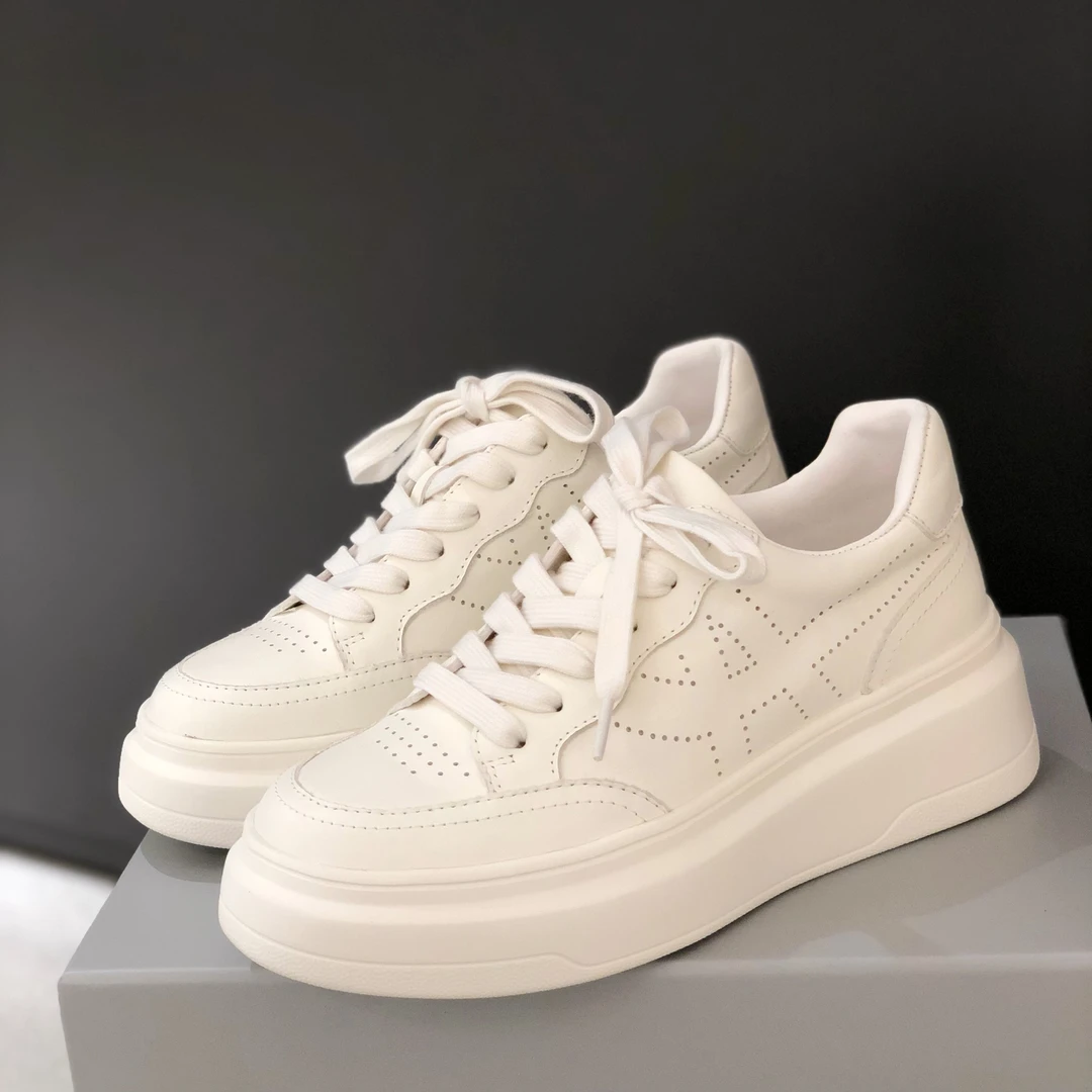 真皮松糕底小白鞋时尚百搭厚底增高透气休闲女鞋