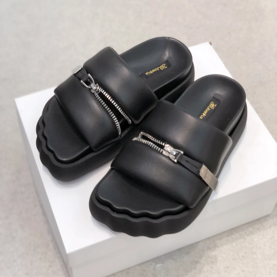 黑色厚底拉链拖鞋时尚5173-10