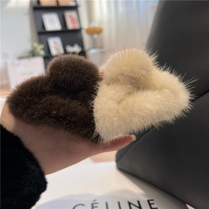 发饰真水貂毛抓夹毛绒绒发夹毛毛发爪后脑勺夹子法式法饰鲨鱼夹