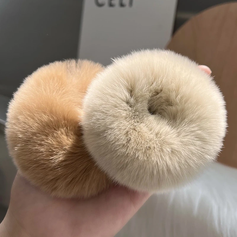 韩国简约真獭兔毛绒大肠高弹可爱扎马尾头绳网红法式复古头饰秋冬