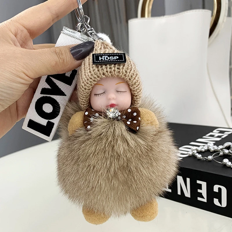 真狐狸毛睡眠娃娃挂件公仔可爱睡眠娃娃钥匙扣毛绒包包挂饰女韩版