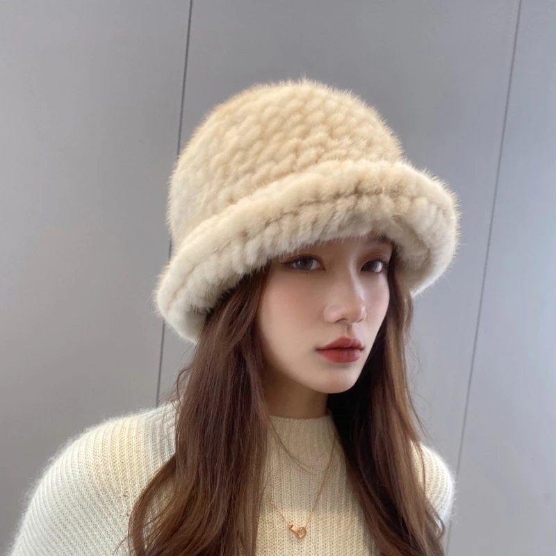 秋冬季女士新款气质水貂毛编织卷边小礼帽渔夫盆帽皮草帽子保暖韩