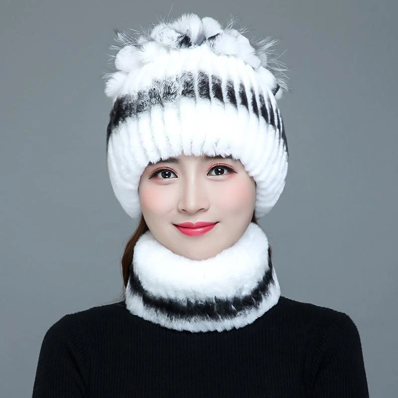 獭兔毛围脖女冬天时尚老人保暖韩版狐狸加厚防寒百搭妈妈帽子女款