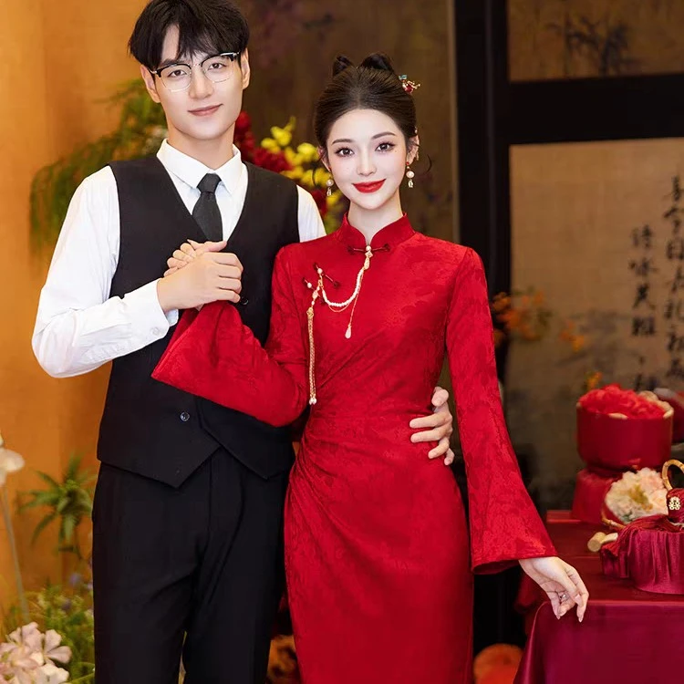 红色旗袍敬酒服2024新款新娘中式订婚礼服裙女结婚新中式婚服