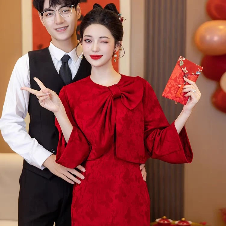 法式红色敬酒服新娘小香风套装订婚礼服连衣裙回门便装秋冬季长袖