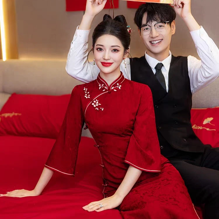 倒大袖旗袍敬酒服新娘红色中式订婚礼服裙结婚当天便装秋冬季长袖