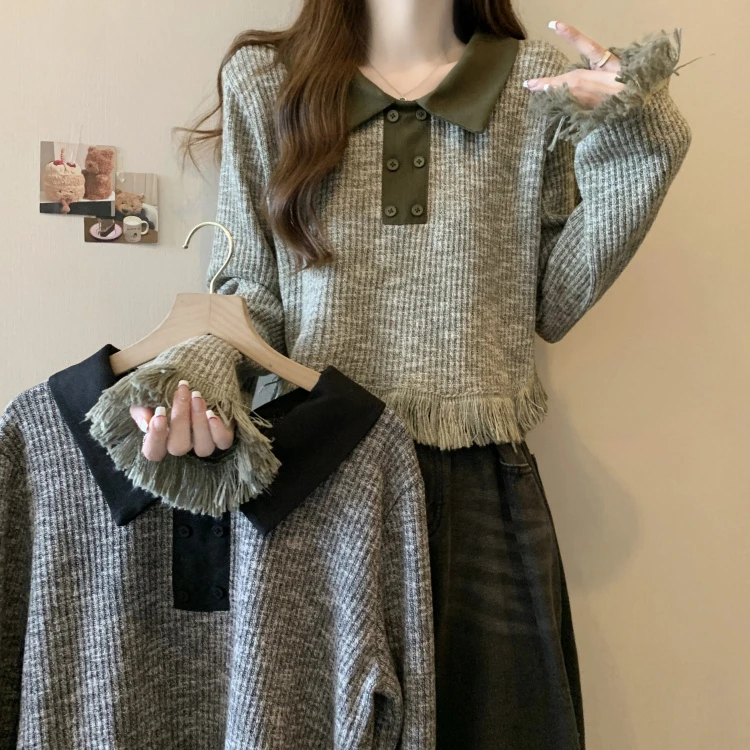 大码女2024秋季新款显瘦Polo领流苏长袖T恤胖mm洋气宽松正肩上衣