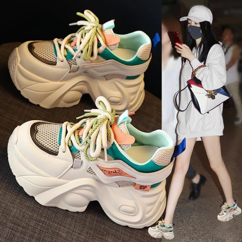 万达撤柜老爹鞋女超火2024厚底网面舒适透气运动休闲内增高小白鞋