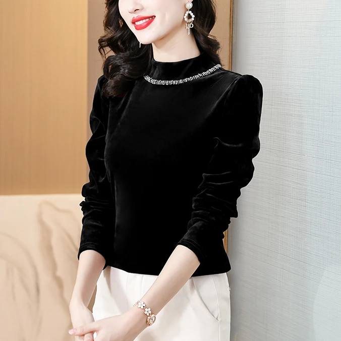 金丝绒打底衫女秋冬新款时尚百搭镶钻立领小衫t恤半高领内搭上衣