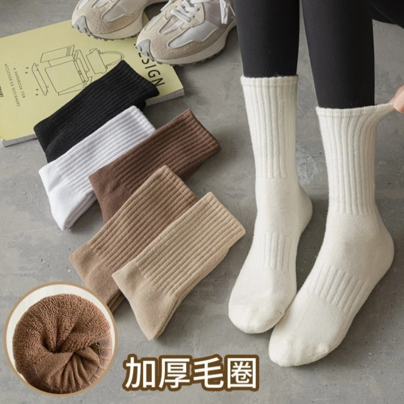 秋冬季纯色加厚保暖毛圈袜毛巾底外穿长筒袜子男女中筒袜