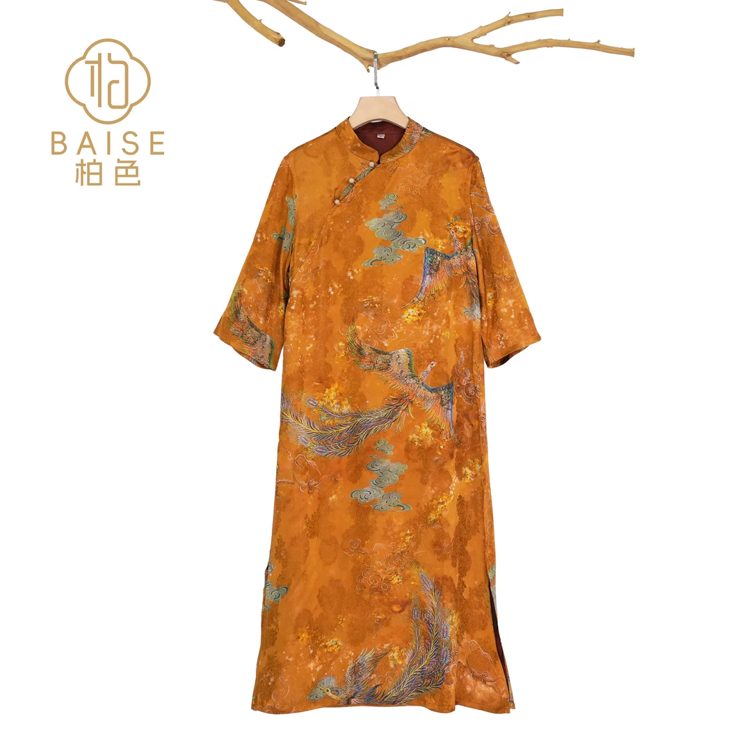 中式连衣裙复古斜襟花色改良女装宽松连衣裙3962