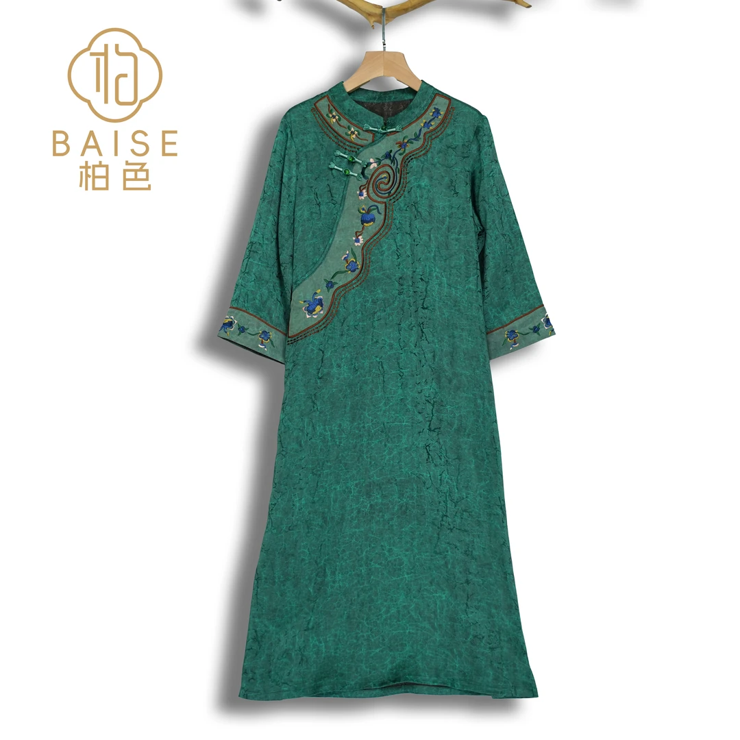 中式连衣裙复古斜襟盘扣绣花气质女装夏季宽松连衣裙1679