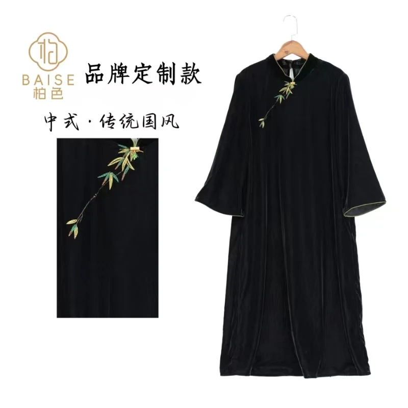 中式连衣裙传统改良复古斜襟刺绣秋季女装宽松连衣裙3856