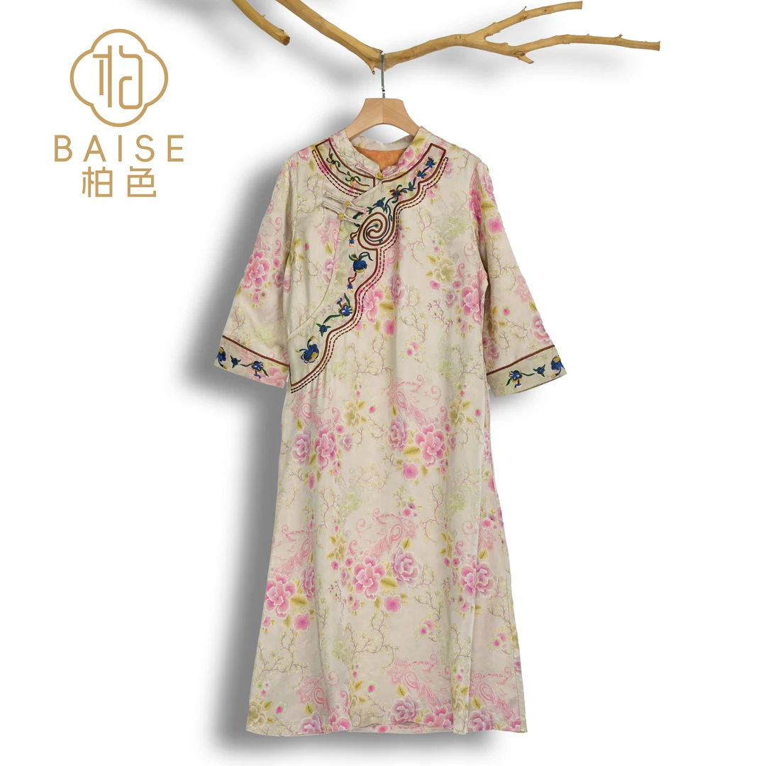 中式连衣裙复古斜襟盘扣绣花拼接袖春季女装宽松连衣裙1138