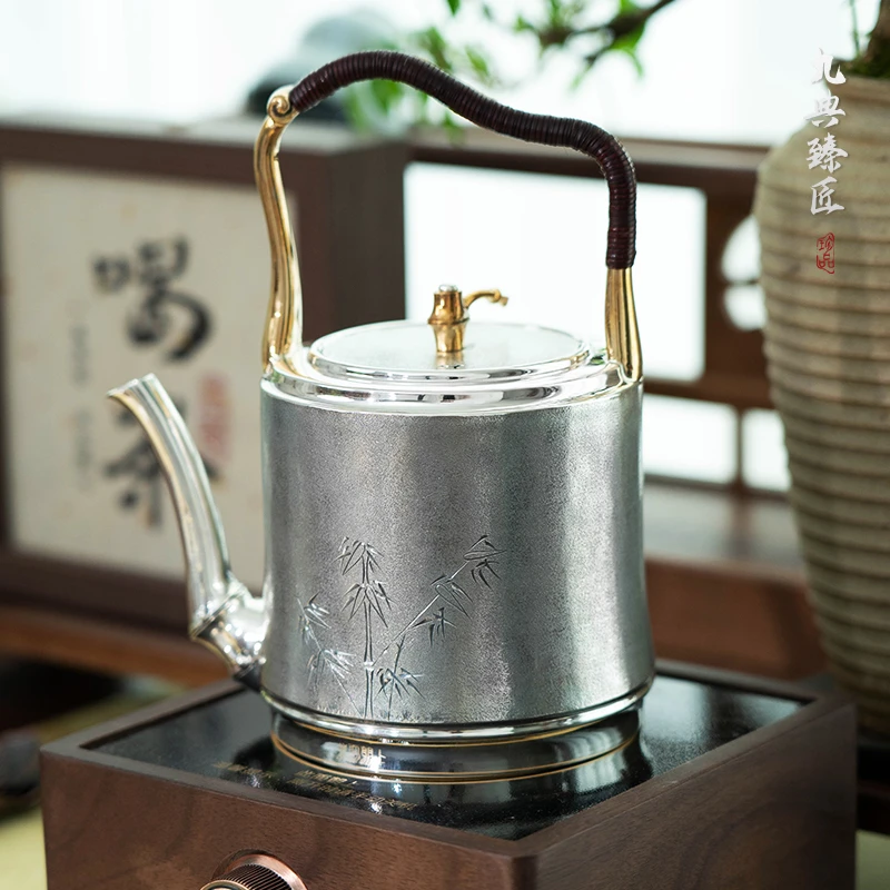 九典臻匠足银999纯手工竹韵煮茶壶围炉煮茶器具高端茶壶茶具