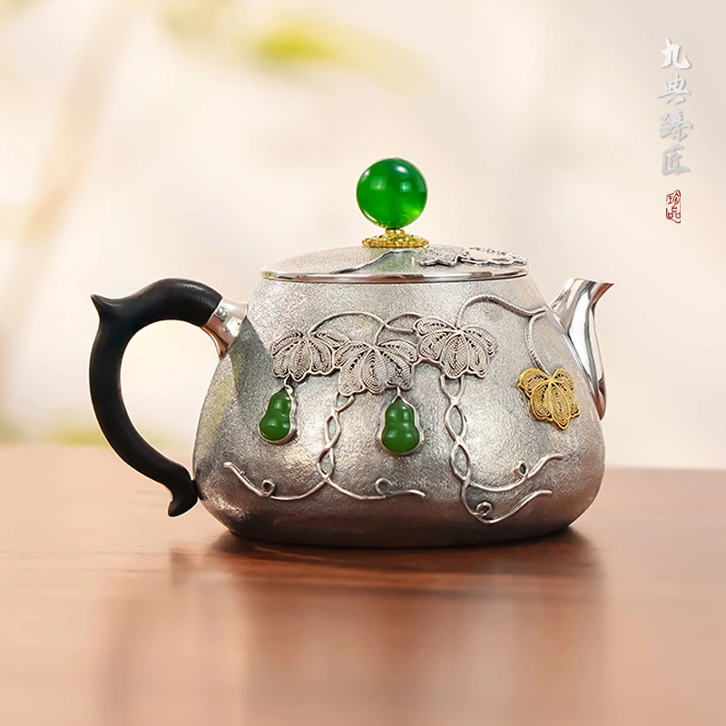 九典臻匠寸成四足银999纯手工木把花丝葫芦镶嵌福禄茶壶高档银壶