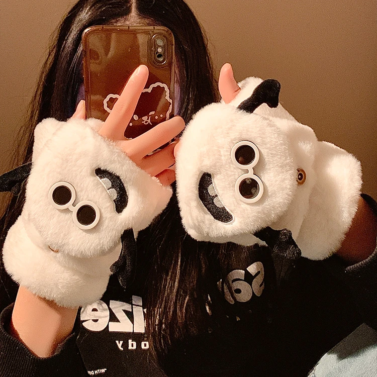 可爱搞怪翻盖手套女冬季毛绒翻盖露指写字加厚保暖学生骑行防风寒