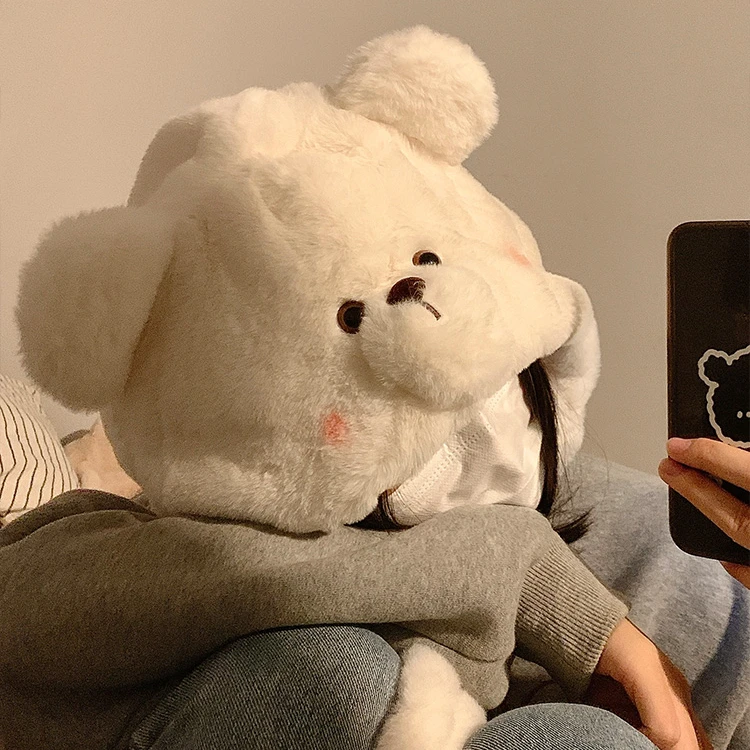 可爱小熊毛绒帽子女冬季加厚保暖毛茸茸防寒护耳套头帽冷帽新款