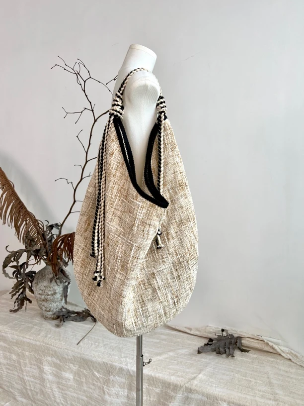 未定义-设计师款雪尼尔编织托特包小香风织带拼接水桶单肩手提包