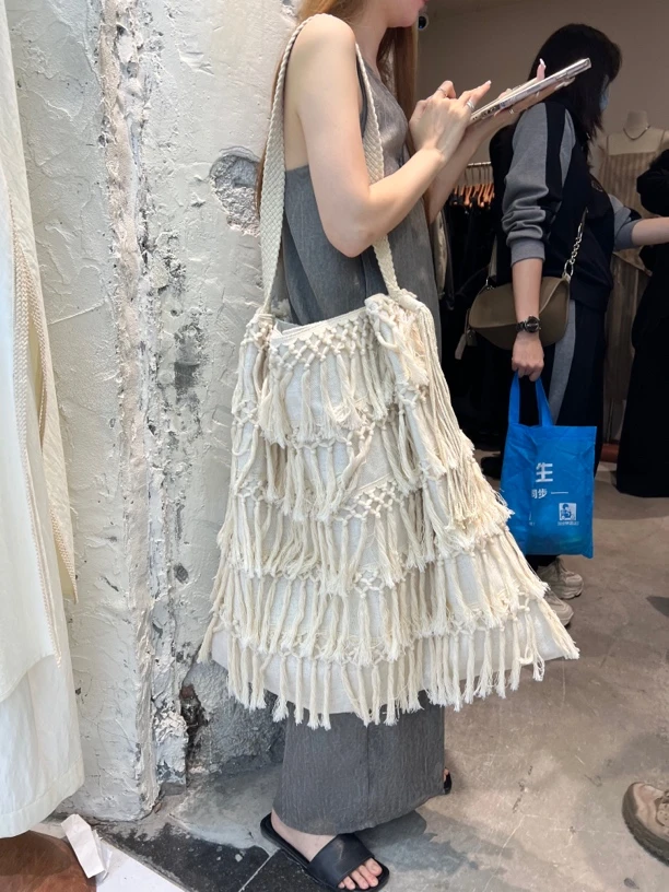 慵懒感流苏手工编织单肩腋下包女重工棉麻混纺大包斜挎包