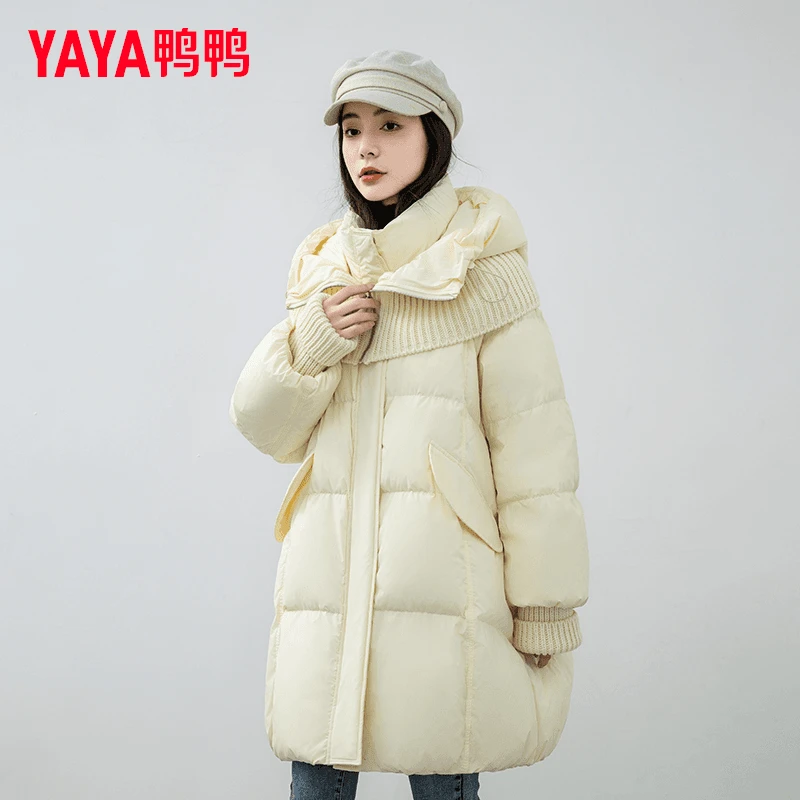 YAYA/鸭鸭羽绒服女冬连帽中长款百搭韩版休闲宽松外套