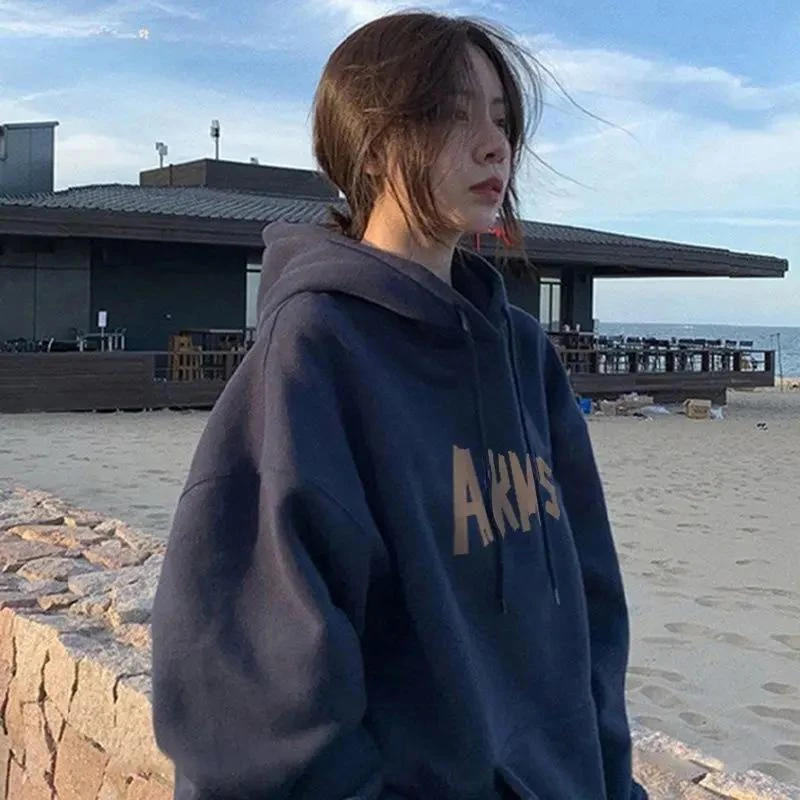 美式复古连帽卫衣女秋冬加绒加厚宽松港风chic小众oversize外套潮