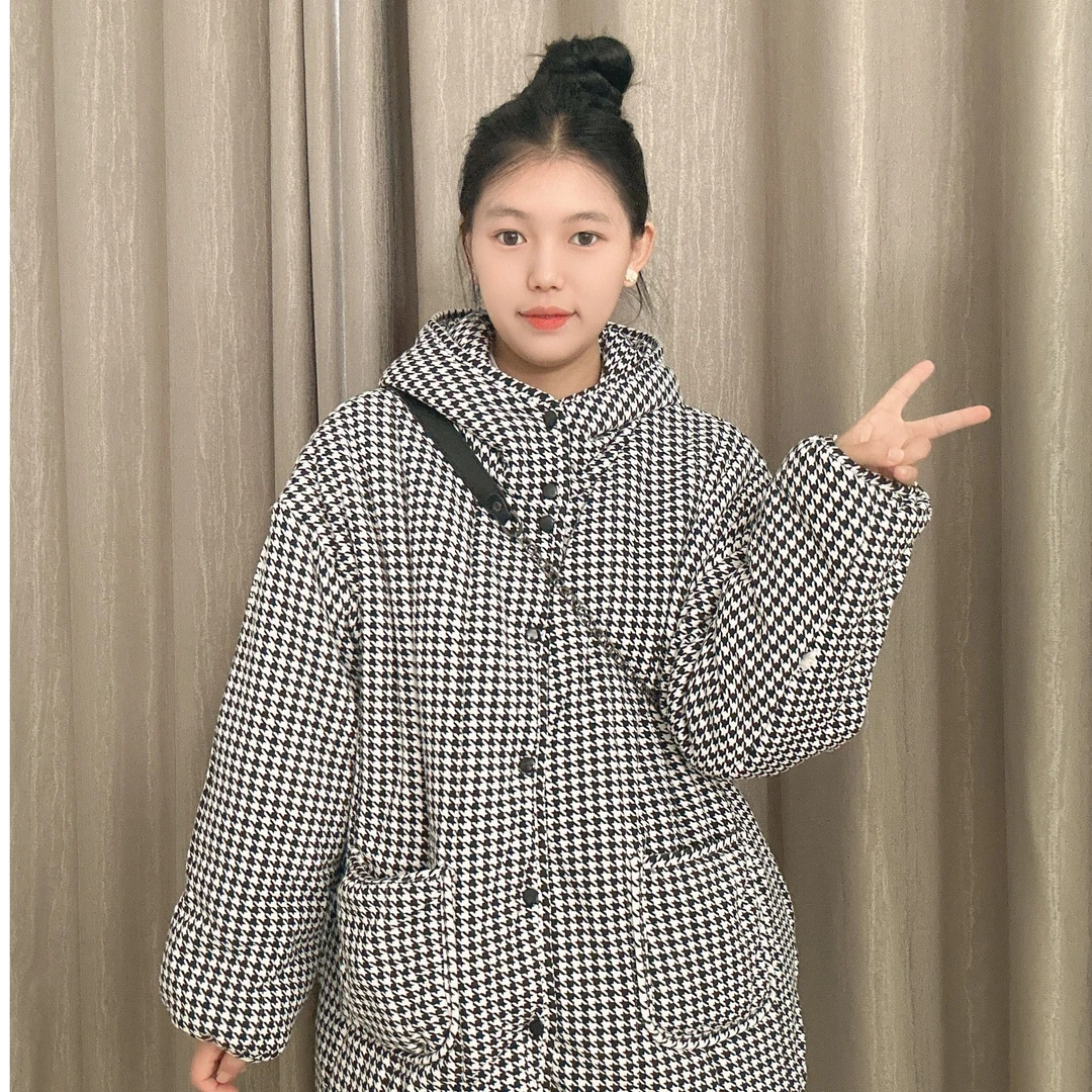 TT新疆棉棉花衣【千鸟格】连帽开叉贴袋中长款宽松保暖家居服棉花衣