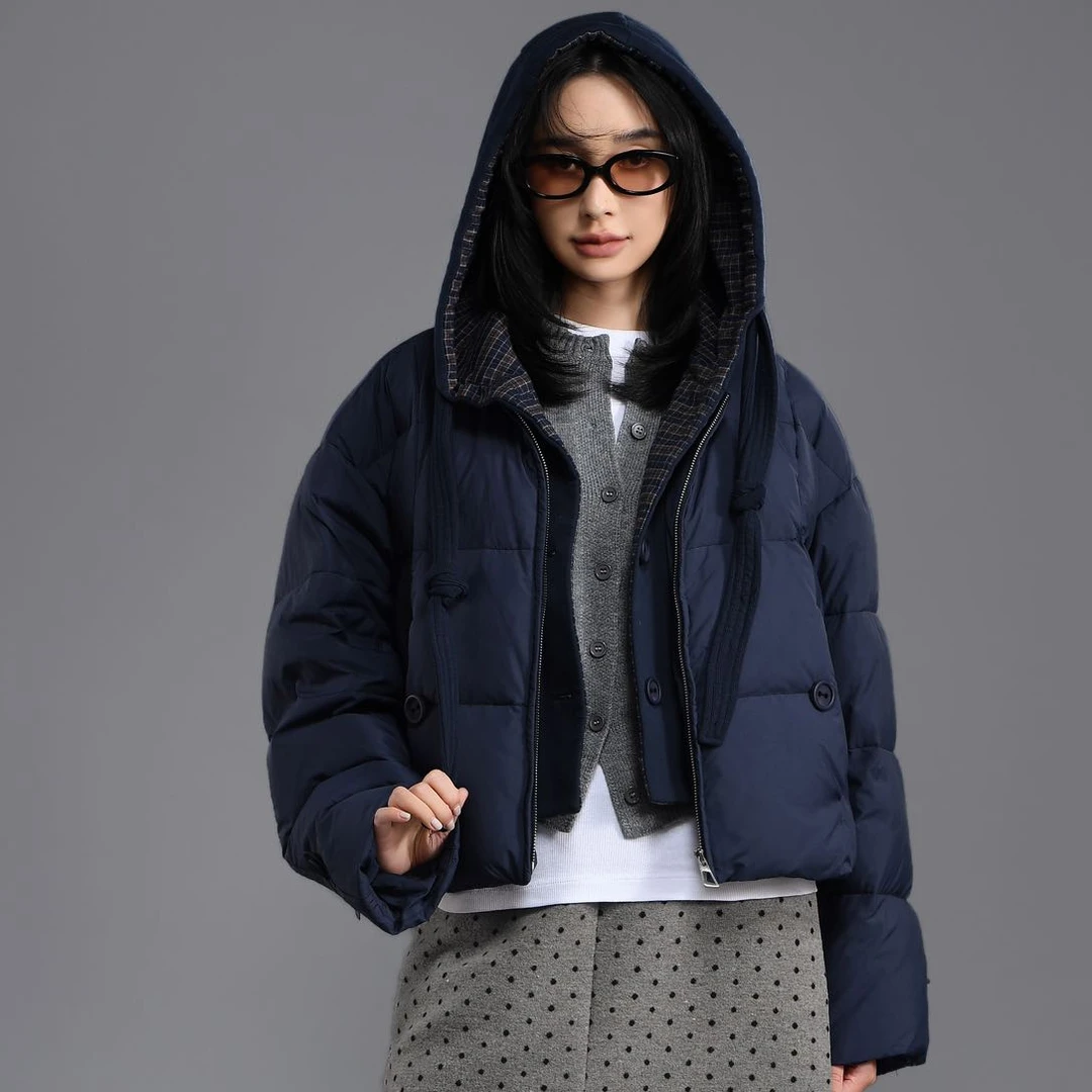 2024新款新国标90白鸭绒原创连帽韩版格子拼接羽绒服女短款羽绒服