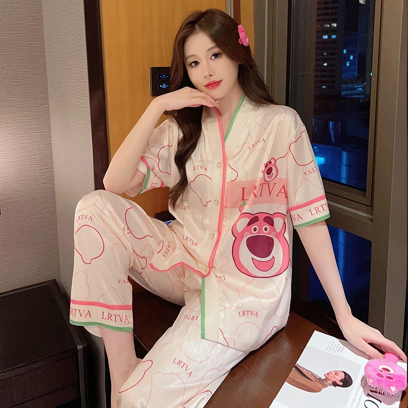 【莓莓粉熊】冰丝春秋睡衣女高级感网红家居服女士宽松网红大码网