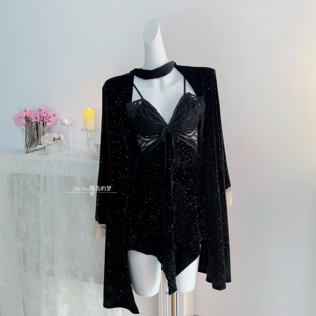 【百媚】轻奢性感丝绒睡衣女秋冬套装吊带睡裙两件套带胸垫纯欲风