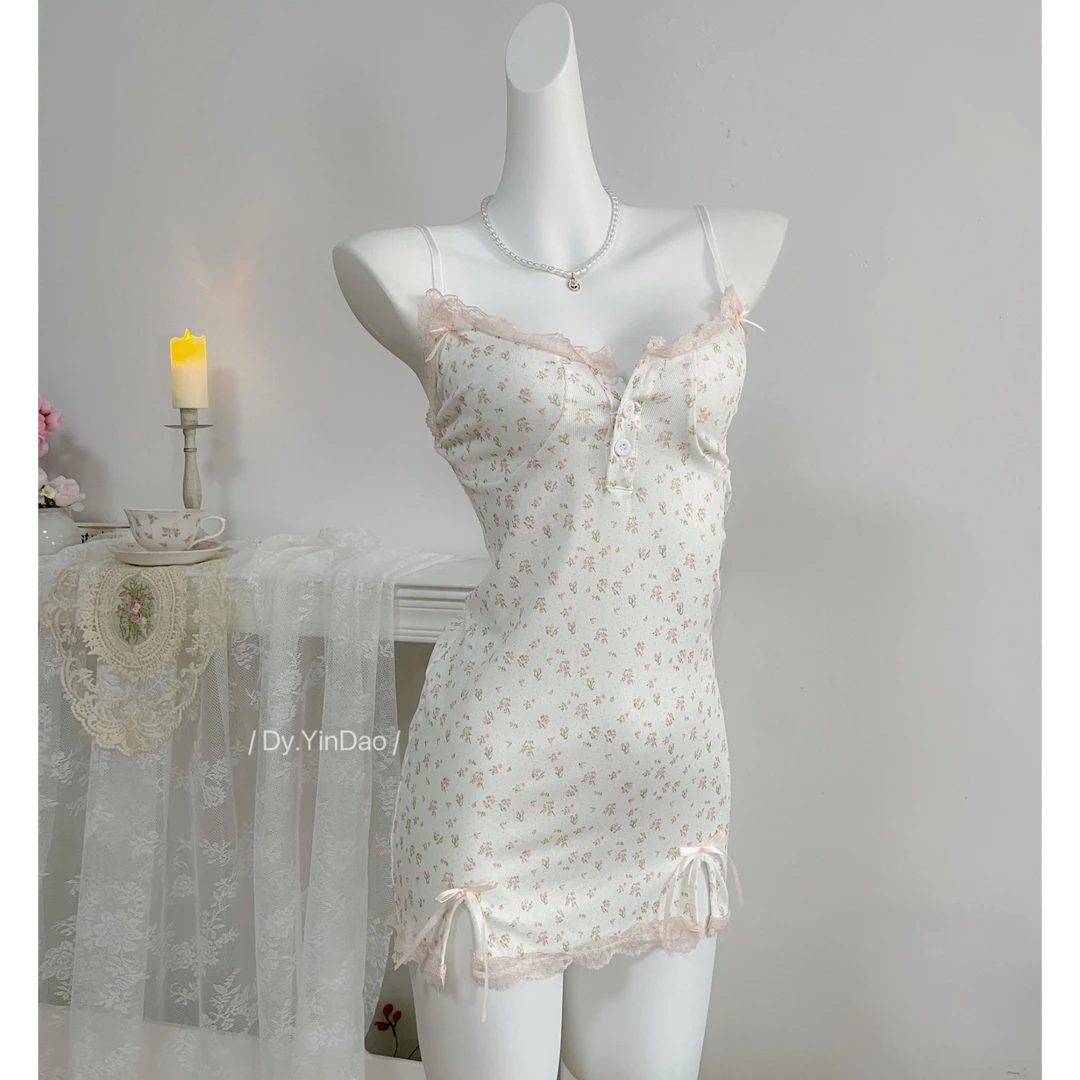 【曼妙】性感蕾丝睡衣女夏季纯欲开衩吊带睡裙个性高级感家居带胸垫
