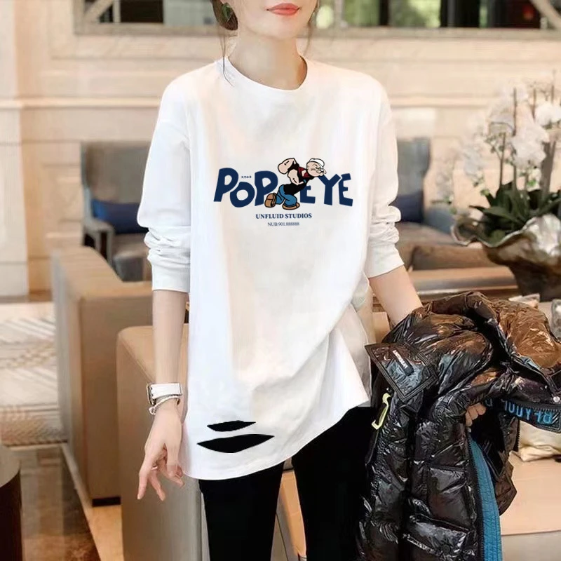 欧货长袖t恤女2023春秋新款纯棉白色打底衫破洞内搭中长款上衣潮