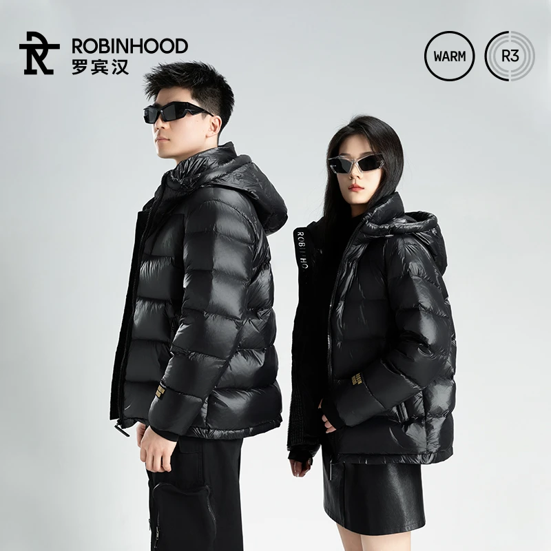 罗宾汉反季黑色连帽金标520加厚保暖情侣短款云朵泡芙羽绒服