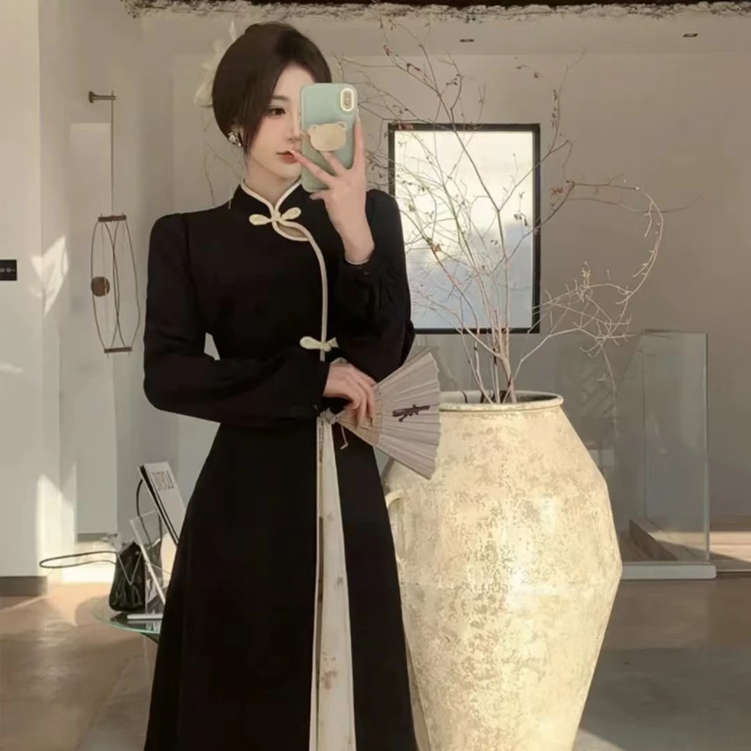 叮叮家【东方水墨】新中式复古国风改良旗袍气质长袖收腰连衣裙