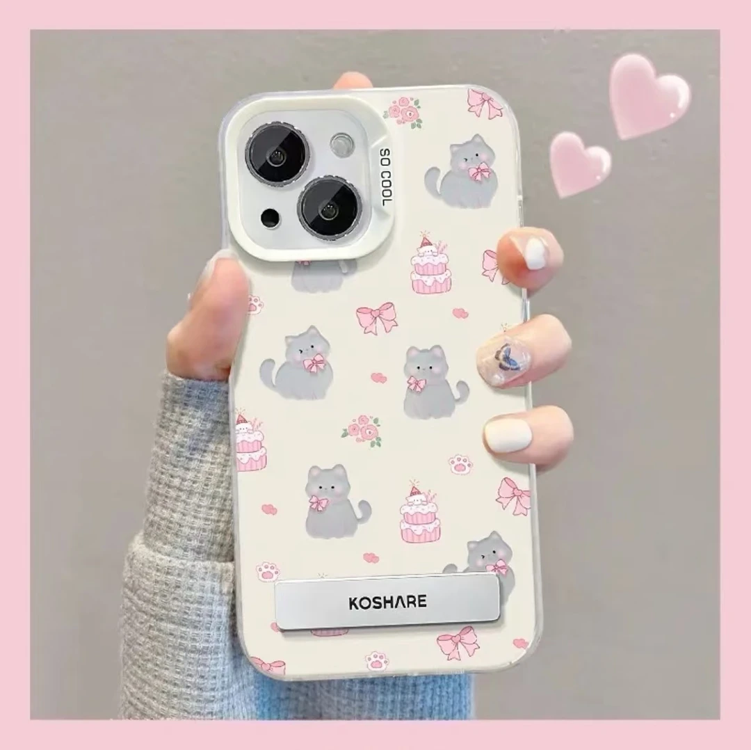 适用苹果vivo华为oppo小米甜品小动物彩银白壳支架手机壳