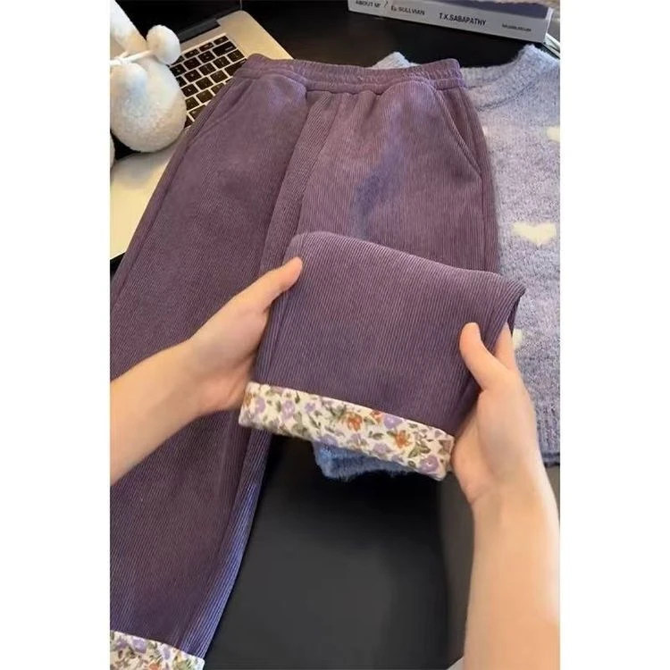 女童裤子冬季2024新款儿童灯芯绒加绒款阔腿裤中大童保暖长裤冬装