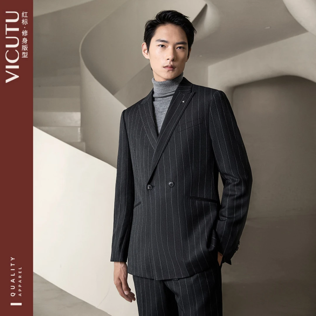 威可多轻奢黑色小西装商务婚庆男上衣正装西服外套休闲男装修身