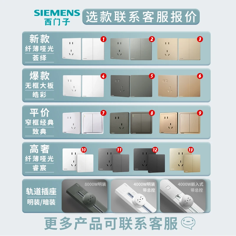 西门子开关插座面板荟绎/睿宸/皓彩/致典/轨道 全屋定制