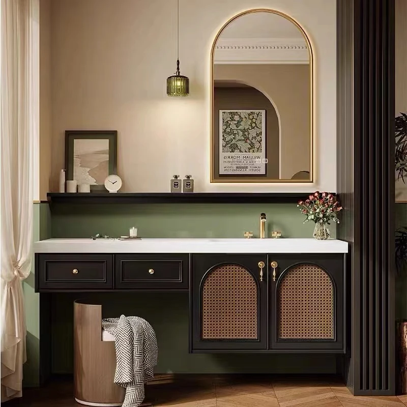 法式复古藤编橡木烤漆卫生间梳妆一体卫浴柜热弯一体盆洗漱台盆柜