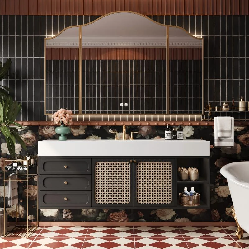 原创黑色烤漆复古编藤浴室柜组合卫生间岩板无缝盆洗漱台洗脸盆柜