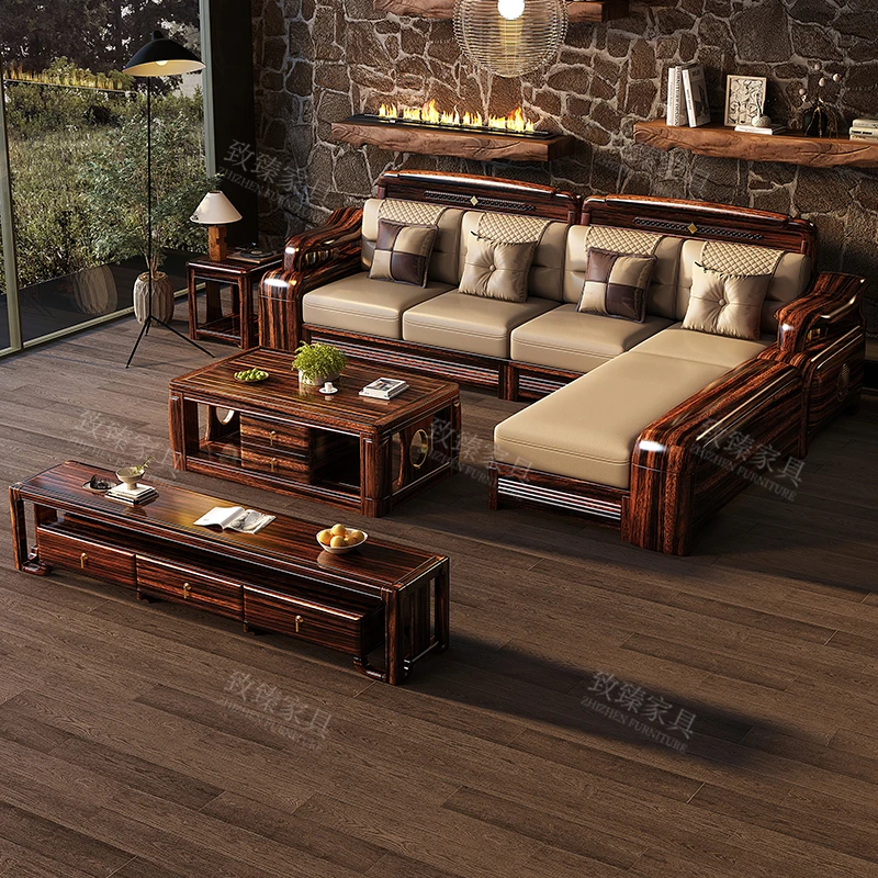 转角新中式客厅组合现代简约大小户型冬夏两用乌金木实木沙发禅意