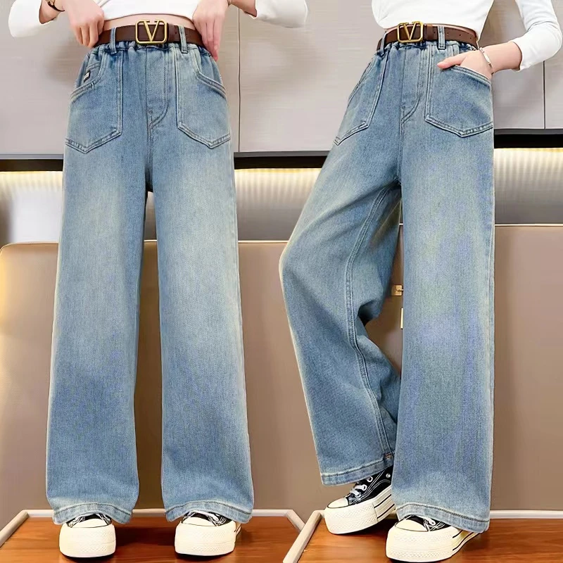 2024年春秋新款v字皮带牛仔阔腿裤女童儿童直筒中大童韩版休闲