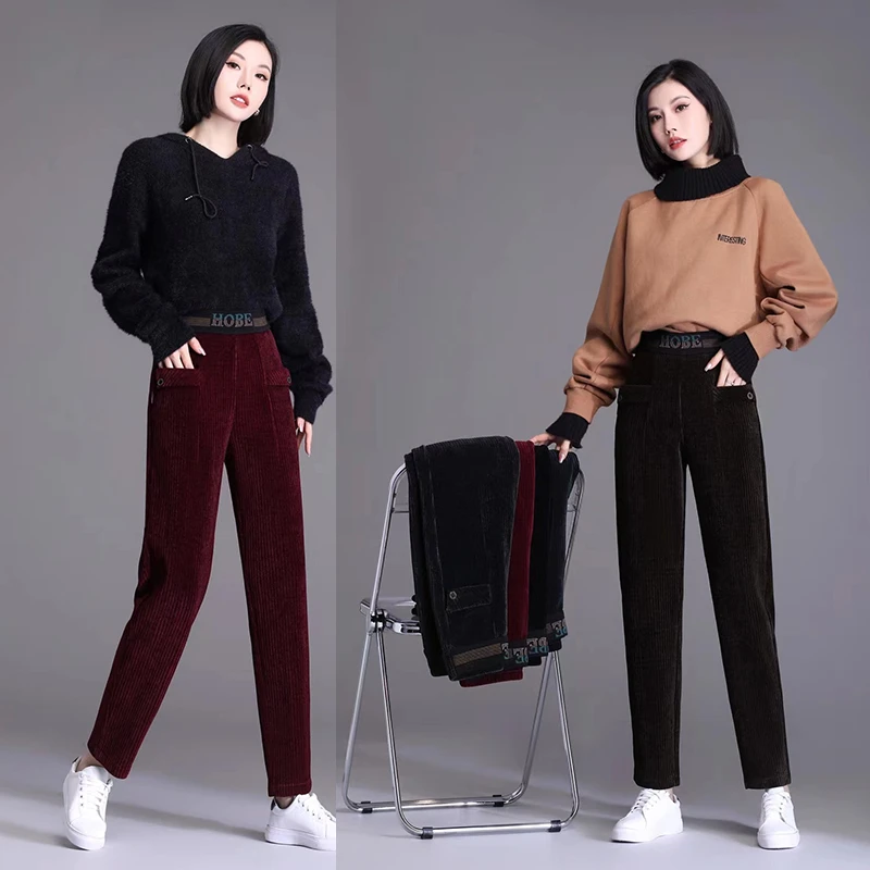 卡里卡女裤1763秋冬新款休闲裤妈妈灯芯绒松紧腰老爹裤直筒长裤