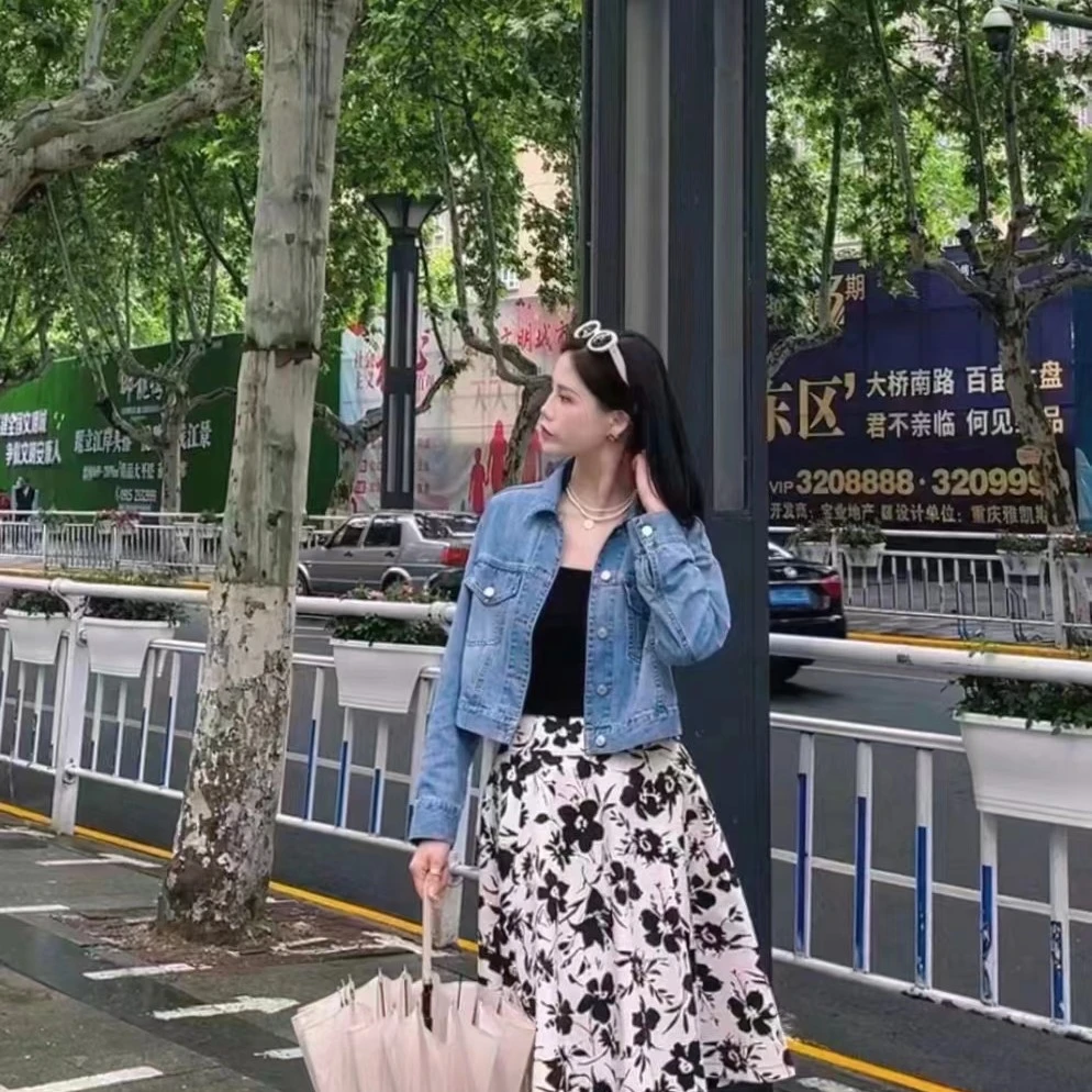 易缔媤上衣A43124长袖蓝色牛仔百搭休闲秋季洋气短款时尚复古