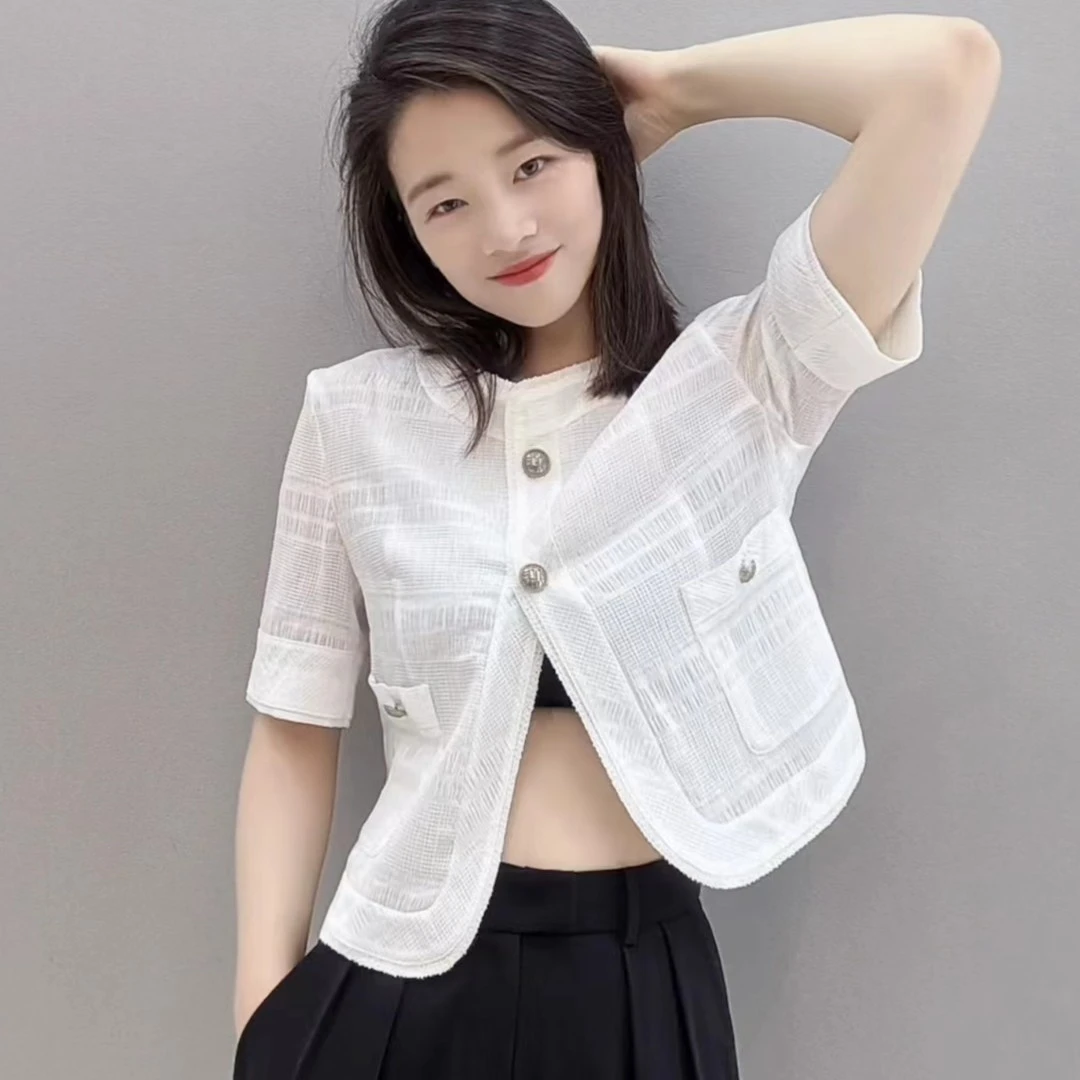 易缔媤短袖小香棉质上衣DE41005夏季时尚短款气质白色小香风薄款