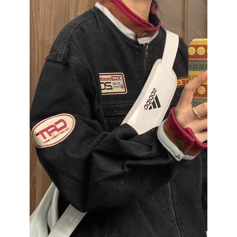 美式机车牛仔外套2025秋冬季新款青少年男女撞色立领宽松拉链夹克