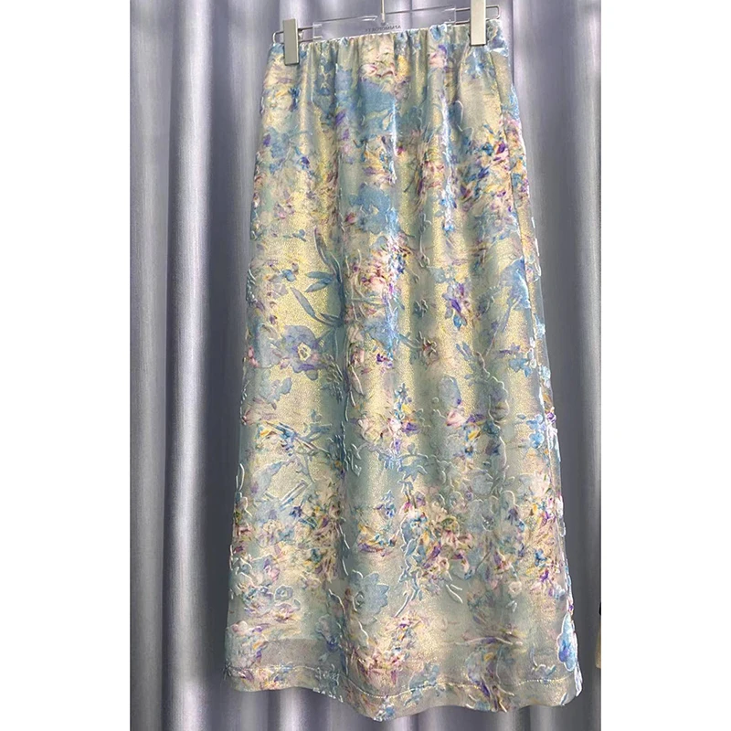 GZ3057真丝桑蚕丝丝绒烧花定制面料半裙显瘦半身裙夏季