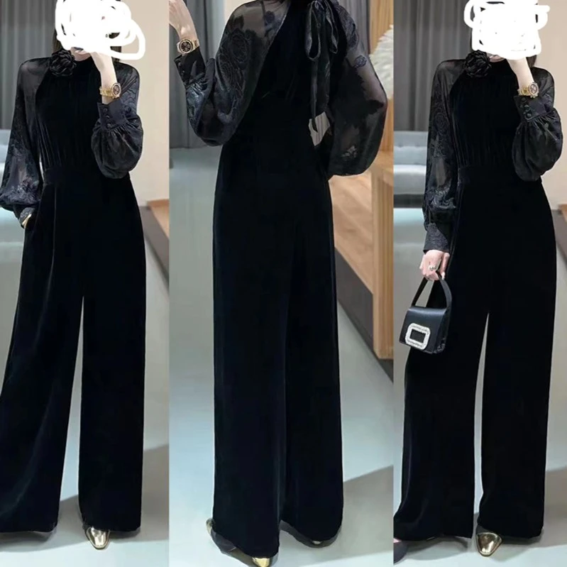 G98976真丝桑蚕丝蚕宝宝丝绒植绒提花长袖连体裤秋冬阔腿秋季